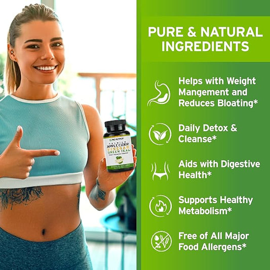 TRIO NUTRITION Apple Cider Vinegar Capsules with Green Tea - Natural Sugar Free Apple Cider Vinegar Pills with The Mother for Body Cleanse, Immune, Weight Management & Metabolism Support*