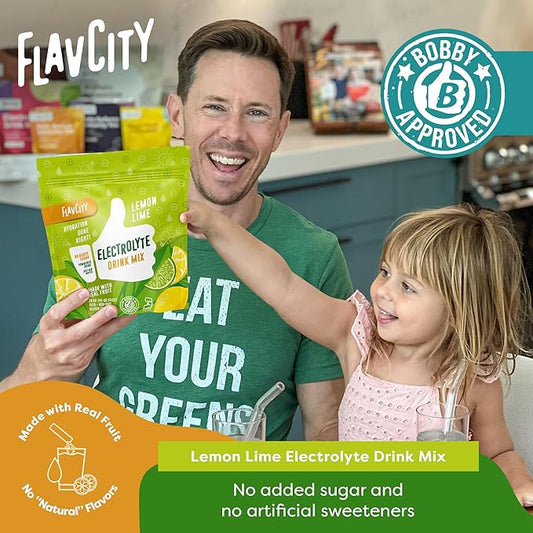 FlavCity Lemon Lime Electrolyte Drink Mix, 28 On-The-Go Stick Packs - Healthy Electrolytes Powder Packets Made with Real Fruit - Keto Powdered Drink with No Added Sugar, Gluten-Free