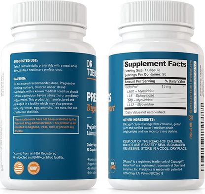 Dr. Tobias Prebiotics, Supports Digestion & Gut Health, Feed Good Probiotic Bacteria, Boost Gut Immune Function, Vegan & Non-GMO Gut Health Supplements for Men and Women, 90 Capsules, 90 Servings