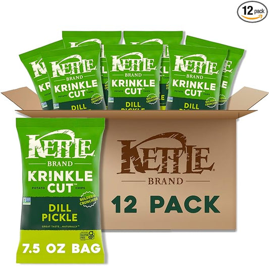 Kettle Brand Potato Chips, Krinkle Cut, Dill Pickle Kettle Chips, 7.5 Oz (Pack of 12)