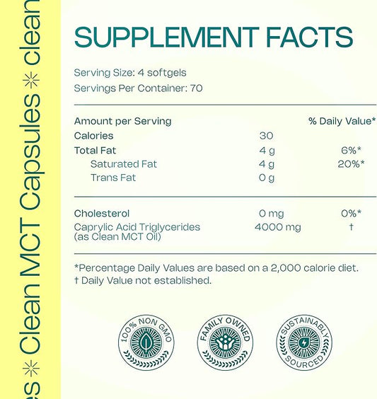 LevelUp Clean MCT Oil Capsules - 100% Caprylic C8 for Energy, Focus, Weight Management, Gut Health, Brain Superfuel - Keto Supplement for Ketogenic Diet and Ketones - Non-GMO (280 Count)