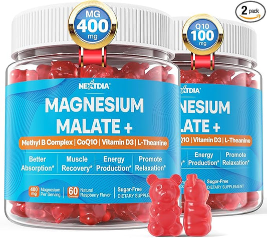 Magnesium Gummies 400mg, Superior Alternative to CoQ10-100mg, Vitamin D3, Active B6, Folate 5-MTHF plus B12, Sugar Free,2Pack
