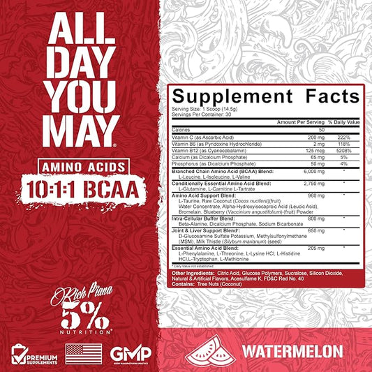 5% Nutrition Rich Piana AllDayYouMay BCAA Powder | Premium Intra & Post Workout Amino Acids, Hydration, Endurance, Muscle Recovery, Joint & Liver Support | 15.3 oz, 30 Servings (Watermelon)