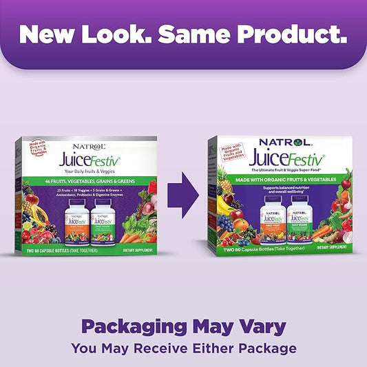 Natrol JuiceFestiv, The Ultimate Fruit and Veggie Super-Food to Support Balanced Nutrition and Overall Well-Being, Plus Antioxidants for Cellular Health, 60 Capsules (2-Count), Up to a 30 Day Supply