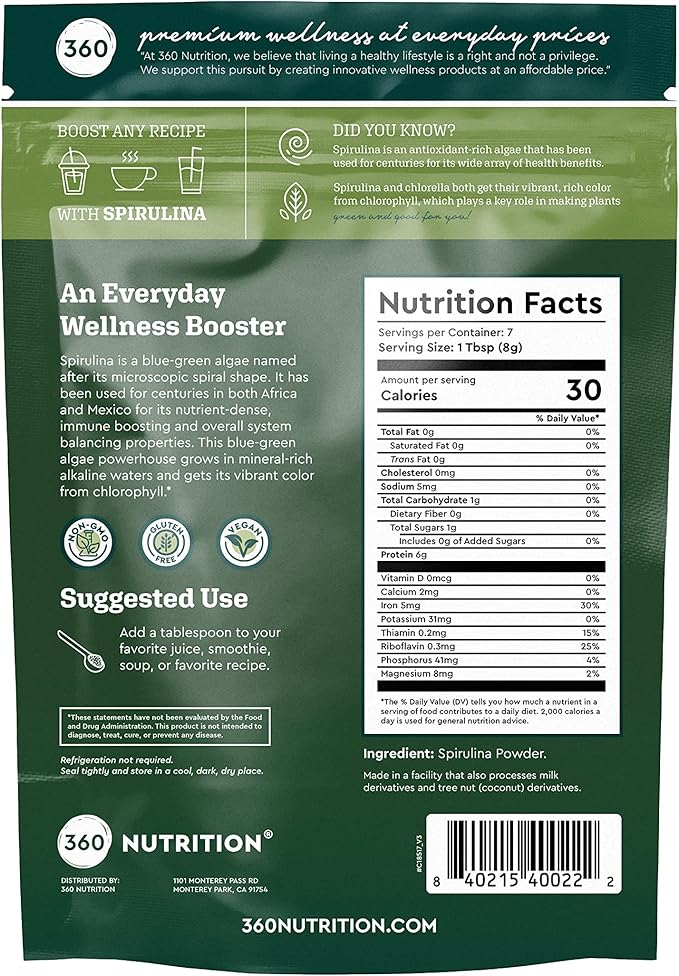 360 Nutrition Spirulina Powder, Vitamin A, 6g Plant 2 oz