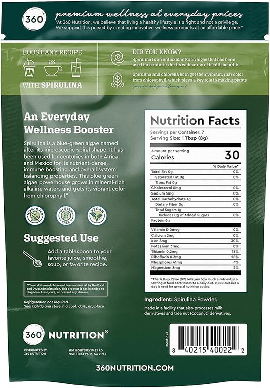 360 Nutrition Spirulina Powder, Vitamin A, 6g Plant 2 oz