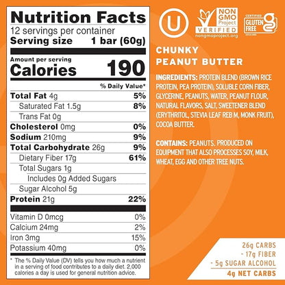 No Cow High Protein Bars, Chunky Peanut Butter - Healthy Snacks, 20g Vegan Protein, High Fiber, Low Sugar, Keto Friendly, Dairy & Gluten Free (12 Count)