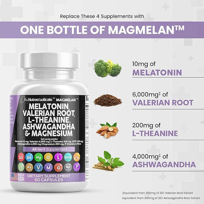 Clean Nutraceuticals Melatonin 10mg Valerian Root 6000mg L 200mg Ashwagandha 4000mg - 60 Caps