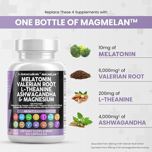 Clean Nutraceuticals Melatonin 10mg Valerian Root 6000mg L 200mg Ashwagandha 4000mg - 60 Caps