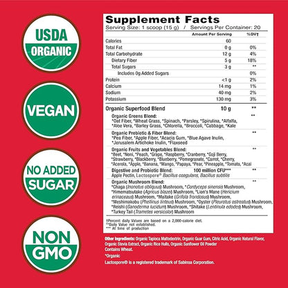 Country Farms Organic Super Greens Berry Flavor, 50 Organic Super Foods, Packed with Fiber, USDA Organic Drink Mix, Fruits, Vegetables, Mushrooms & Probiotics, Supports Energy, 5g Fiber