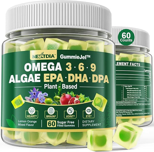 Vegan Omega 3 Gummies, Sugar Free 3 Fish 3-6-9 Fatty Omega-3 Gummies 60 Counts