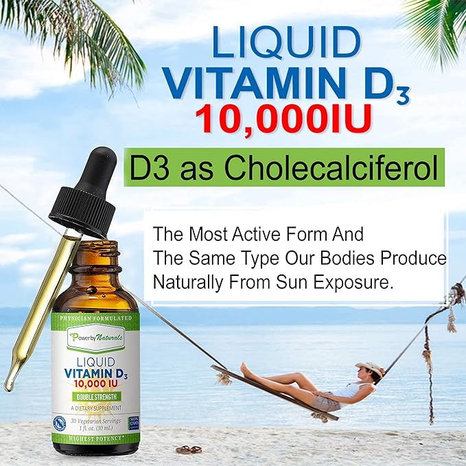 Power By Naturals Vitamin D3 Liquid Drops 10000 IU - High-Potency Vitamin D3 for Adult Bone Strength & Immune Support - Gluten-Free, Non-GMO, Sugar-Free Vitamin - Orange Flavor, 1 fl Oz (30 Servings)