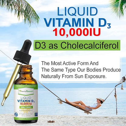 Power By Naturals Vitamin D3 Liquid Drops 10000 IU - High-Potency Vitamin D3 for Adult Bone Strength & Immune Support - Gluten-Free, Non-GMO, Sugar-Free Vitamin - Orange Flavor, 1 fl Oz (30 Servings)