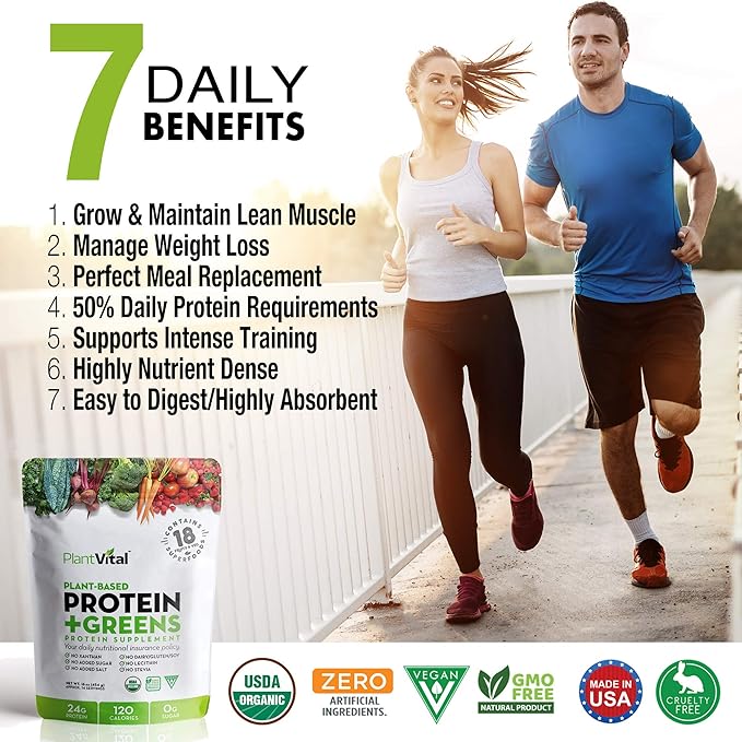 Plantvital Unflavored Organic Vegan Protein Powder 18 Superfoods, 16oz (Pack 2)