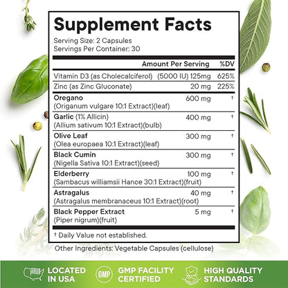 Oregano Oil 6000mg Garlic Extract 4000mg Olive Leaf 3000mg Black Seed Oil 3000mg Astragalus-Immune Support & Digestive Health Supplement for Women and Men- 120 Count