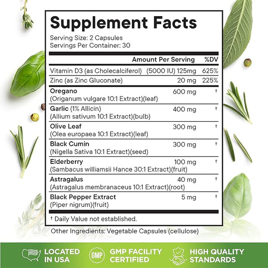 Oregano Oil 6000mg Garlic Extract 4000mg Olive Leaf 3000mg Black Seed Oil 3000mg Astragalus-Immune Support & Digestive Health Supplement for Women and Men- 180 Count