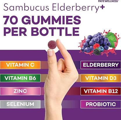 Elderberry Gummies Immune Support, Daily Support for Kids and Adults*, with Sambucus Elderberry, Zinc, Vitamin C, D3, B6, B12, Plus - Dietary Supplement - 140 Count