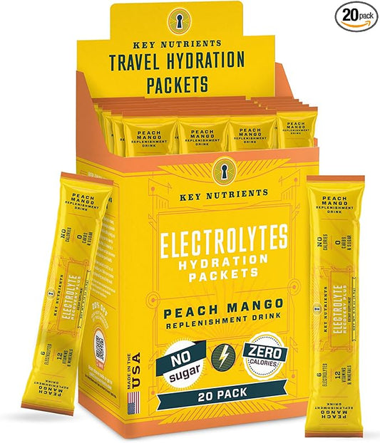 KEY NUTRIENTS Electrolytes Powder Packets - Tropical Peach Mango 20 Pack Hydration Packets - Travel Hydration Powder - No Sugar, No Calories, Gluten Free - Made in USA - Peach Mango