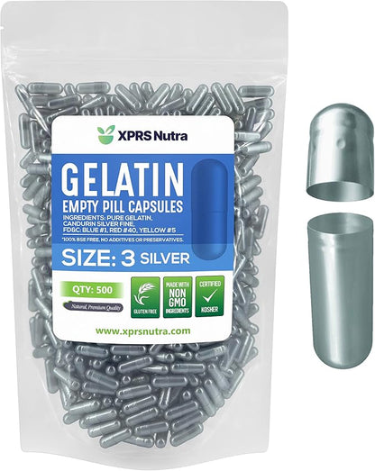 XPRS Nutra Size 3 Empty Capsules - 500 Count Empty Gelatin Capsules - Empty Pill Capsules - DIY Capsule Filling - Pure Bovine Pill Capsules Empty Gel Caps (Silver)