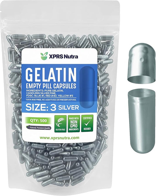 XPRS Nutra Size 3 Empty Capsules - 500 Count Empty Gelatin Capsules - Empty Pill Capsules - DIY Capsule Filling - Pure Bovine Pill Capsules Empty Gel Caps (Silver)