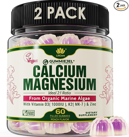 2 Pack - Plant Based Calcium Gummies 600mg with Vitamin D3 K2, Magnesium, Zinc for Bone Strength, Sugar Free Calcium Supplements for Women & Men (Certified Vegan) from Sustainably Organic Red Algae