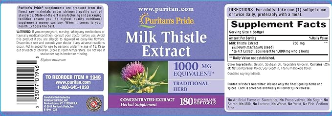 Puritan's Pride Milk Thistle 4:1 Extract 1000 Mg ,180 Count