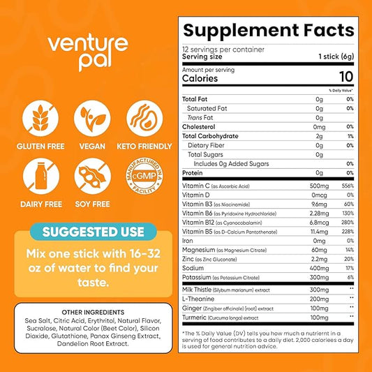 Venture Pal Liver Cleanse Detox & Repair, Liver Support with Milk Thistle + Ginger & Turmeric + L-Theanine + 5 Vitamins & 7 Electrolytes, Rapid Rehydration & Weekend Recovery Powder Packets, 12 Sticks