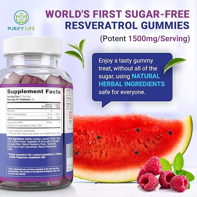 Purify Life Sugar-Free Resveratrol Gummies 1500mg Resveratrol