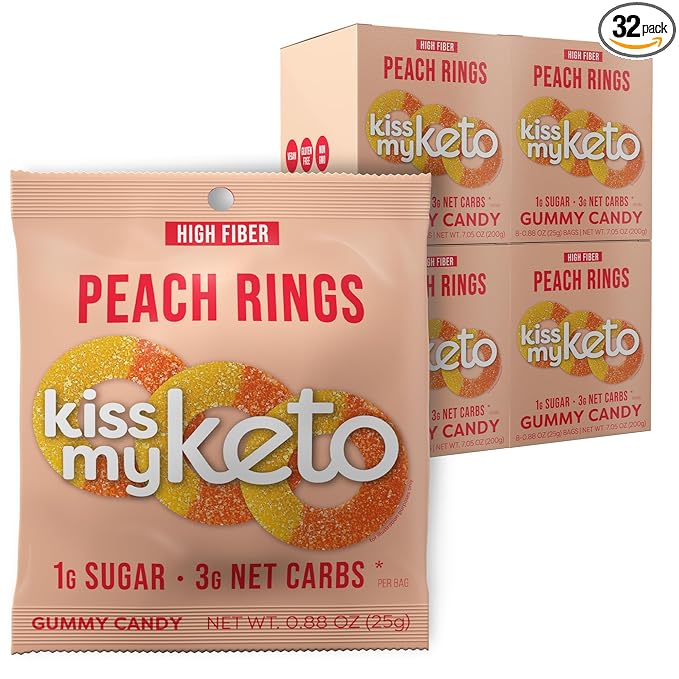 Kiss My Keto Gummy Peach Rings Candy – 1g Sugar, Low Carb, High Fiber, non-GMO Peach Ring Candy – Healthy Peach Gummy Rings, Bag of Peach Rings – Peach Rings Candy Bulk Peach Rings Bulk (32-Pack)