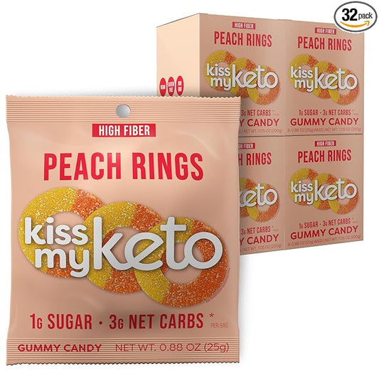 Kiss My Keto Gummy Peach Rings Candy – 1g Sugar, Low Carb, High Fiber, non-GMO Peach Ring Candy – Healthy Peach Gummy Rings, Bag of Peach Rings – Peach Rings Candy Bulk Peach Rings Bulk (32-Pack)