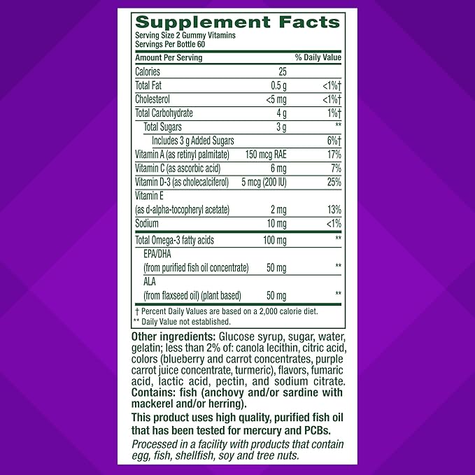 Vitafusion Omega-3 Gummy Vitamins, Berry Lemonade Vitamins(1) With 3 EPA/DHA 1 Vitamin 60 Day 120 Count