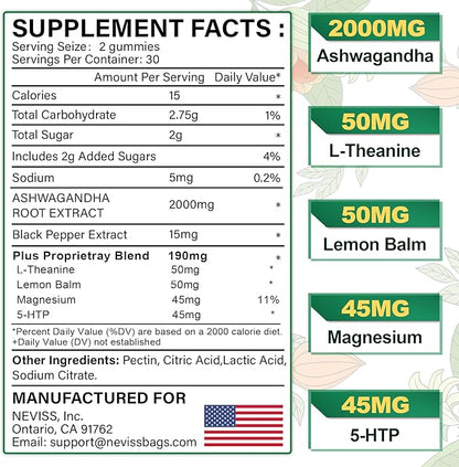 NEVISS Ashwagandha Gummies 2000mg, Feel Refreshed, 5-HTP, L-Theanine, (1 Pack (60 Countss))