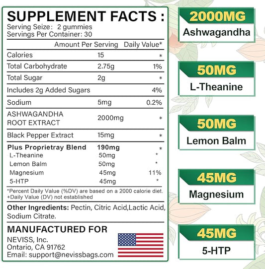 NEVISS Ashwagandha Gummies 2000mg, Feel Refreshed, 5-HTP, L-Theanine, (1 Pack (60 Countss))