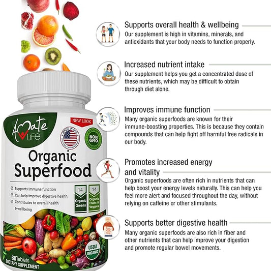 Organic Superfood Greens Fruits and Veggies Complex - Best Dietary Supplement with 14 Greens and 14 Fruits & Vegetables with Alfalfa Rich in Antioxidants Organic Ingredients Non-GMO 60 Tablets
