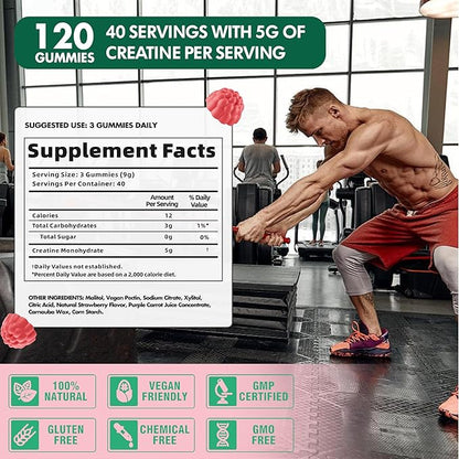 Creatine Monohydrate Gummies 5000mg for Men & Women, Creatine Monohydrate for Muscle Strength, Muscle Builder, Energy Boost, Pre-Workout Supplement(120 Count)-Watermelon Flavor