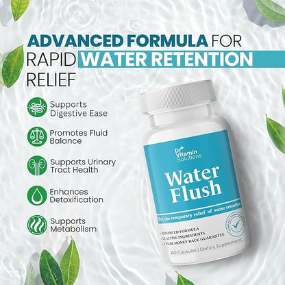 DR VITAMIN SOLUTIONS Diuretic Water Pills for Weight Control, 12 Active Ingredients (Green Tea, Cranberry & More), Instant Relief from Bloat & Swelling, Water Retention Pills for Women & Men - 60 Caps