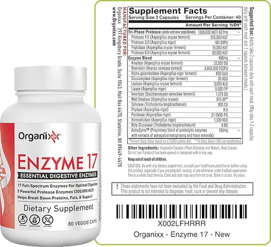Organixx Enzyme 17 Essential Digestive Enzymes, 80 Veggie
