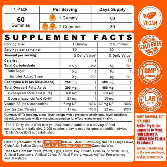 Sugar-Free CoQ10-250mg / 500mg Filled Gummies - Plus Omega-3, EPA + DHA, B3 & Zinc - Ultra Co Q-10 Supplements for Hear-t Health, Cellular Energy, Antioxidant Support, Up to 60 Day Supply, Vegan 60Cts