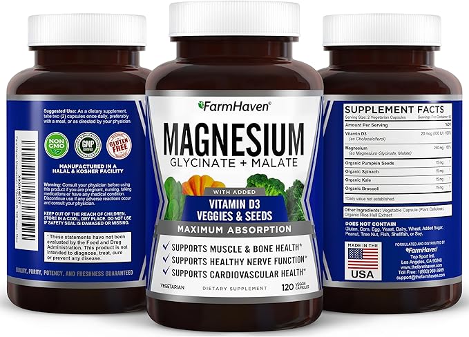 FarmHaven Magnesium Glycinate & Malate Complex D3, 100% 100% Chelated 600 Capsules, 300 Days