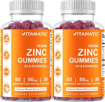 2 Pack - Vitamatic Zinc 50mg Gummies - 60 Vegan Gummies - Gluten Free - Healthy Immune Support for Adults, Men, Women