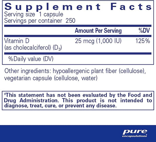 Pure Encapsulations Vitamin D3 25 mcg (1,000 IU) 250 Capsules