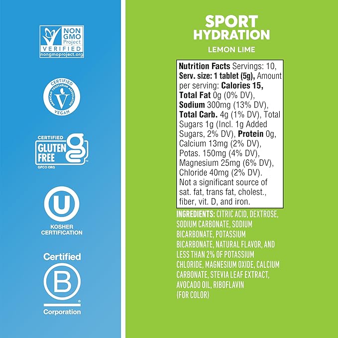 Nuun Sport Electrolyte Tablets - Dissolvable in Water, Lemon Lime, 5 Essential Electrolytes for Hydration, 1g Sugar Drink Mix, Vegan, Non-GMO, 4 Pack (40 Total Servings)