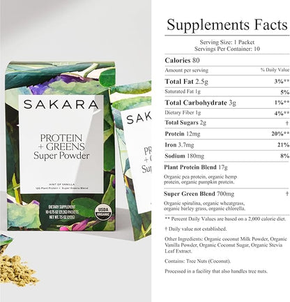 SAKARA Protein + Greens Super Powder, 10 Servings