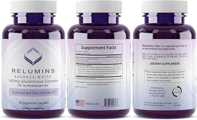 Relumins Glutathione Supplement 1650mg Reduced 90 Veggie 2 Bottles