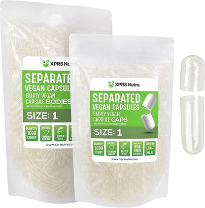 XPRS Nutra Vegan Size 1 Separated Capsules - 1000 Count Premium Empty Capsules Separated in Bags - Clear Empty Capsules - Separated Empty Capsules - Pill Capsules Empty for DIY Supplement Filling
