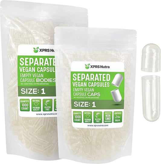 XPRS Nutra Vegan Size 1 Separated Capsules - 1000 Count Premium Empty Capsules Separated in Bags - Clear Empty Capsules - Separated Empty Capsules - Pill Capsules Empty for DIY Supplement Filling