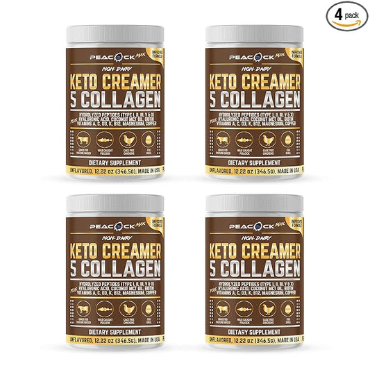 Peacock Max Collagen Keto Creamer Powder, Coconut MCT, Peptides, Unflavored, Hydrolyzed, B12, Magnesium (48.88 oz (Pack of 4))