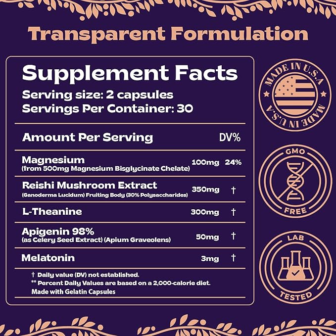 Natural Sleep Aid with Magnesium Glycinate 500mg Reishi 350mg L-Theanine 300mg Apigenin 50mg Melatonin 3mg - 60 Capsules