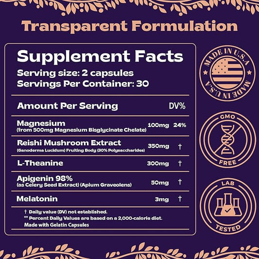 Natural Sleep Aid with Magnesium Glycinate 500mg Reishi 350mg L-Theanine 300mg Apigenin 50mg Melatonin 3mg - 60 Capsules