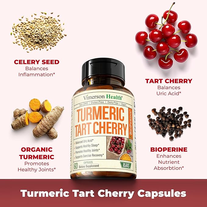 Turmeric Curcumin & Tart Cherry Extract Capsules with Black Pepper & Organic Tumeric. Tart Cherry Capsules Aid Uric Acid Balance, Joint Health, Muscle Health & Sleep. 600mg 10:1 Tart Cherry Extract